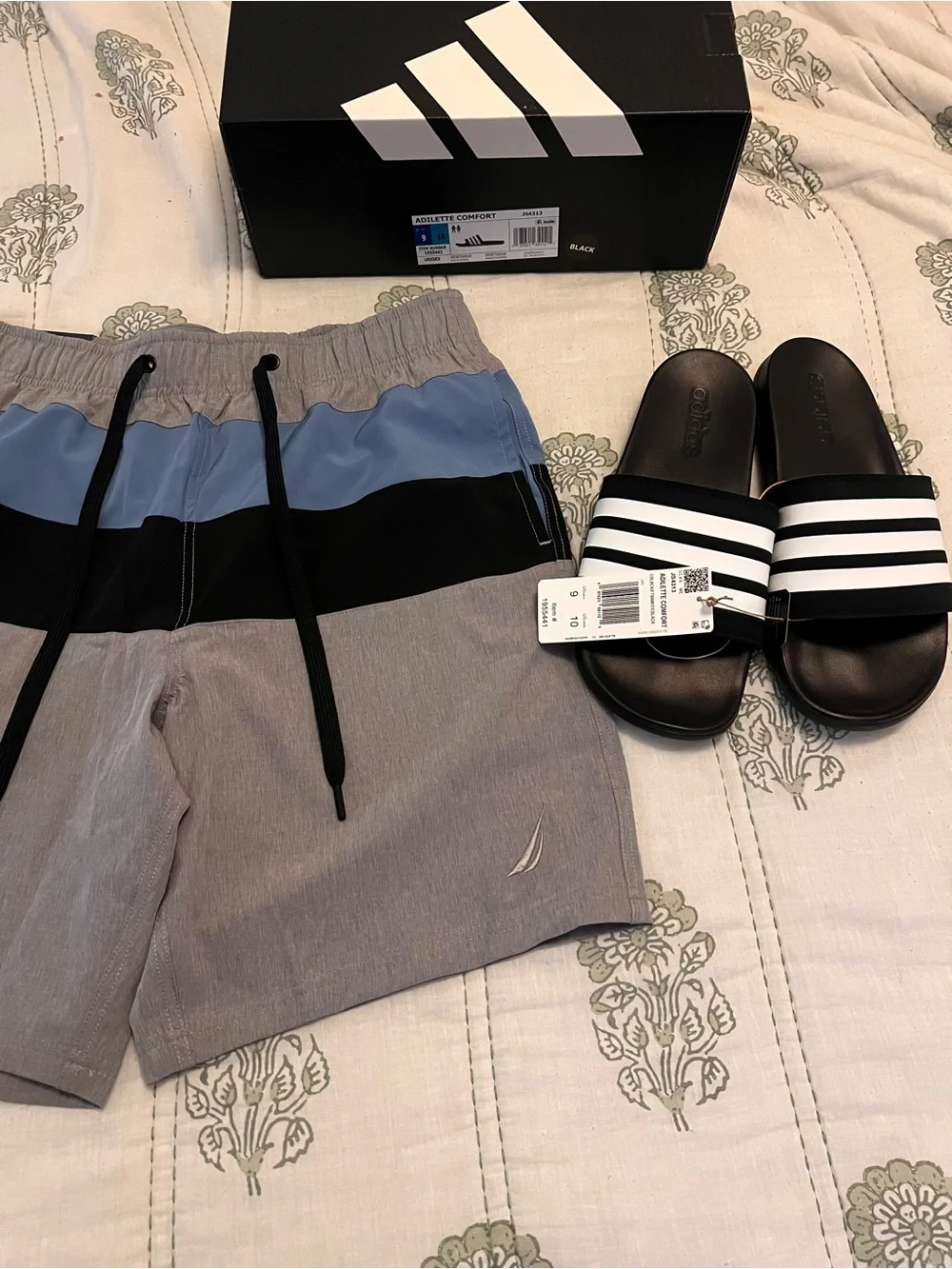 Adilette comfort slides with Nautica swim trunks